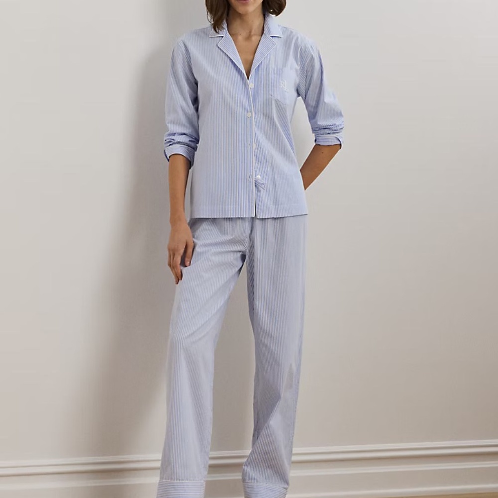 Lauren Ralph Lauren Blue & White Striped Pajama Set | Button-Up Sleepwear Size S